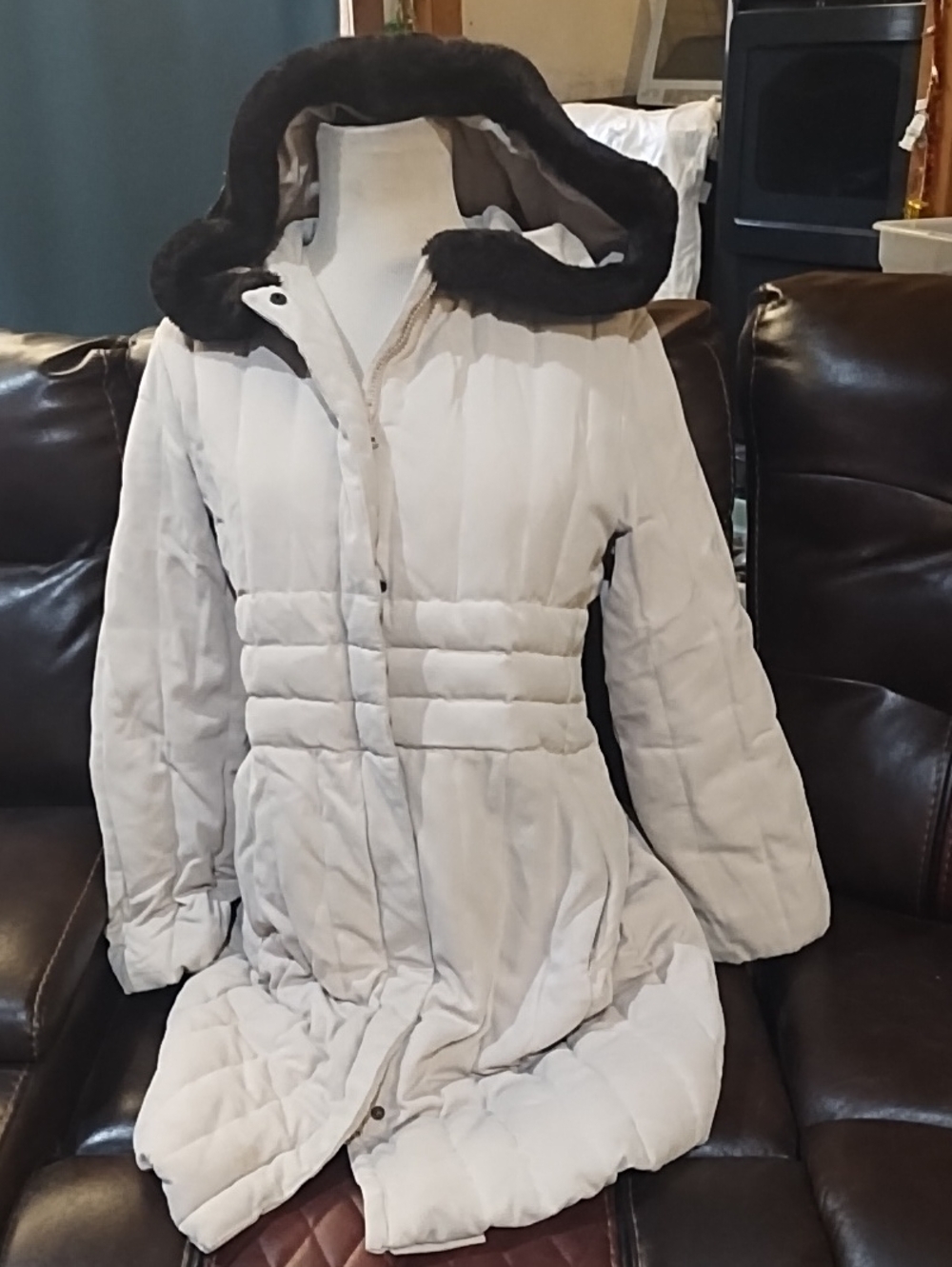 Talbots Cream Puffer Coat with Faux Fur Trim